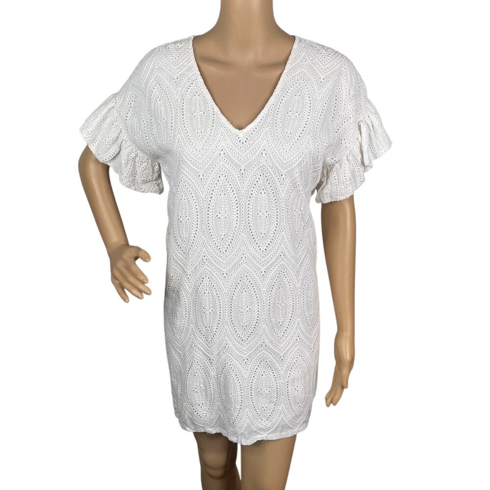 Marie Oliver White Eyelet Embroidered Dress XS | Ruffle Coastal Resort Luxe